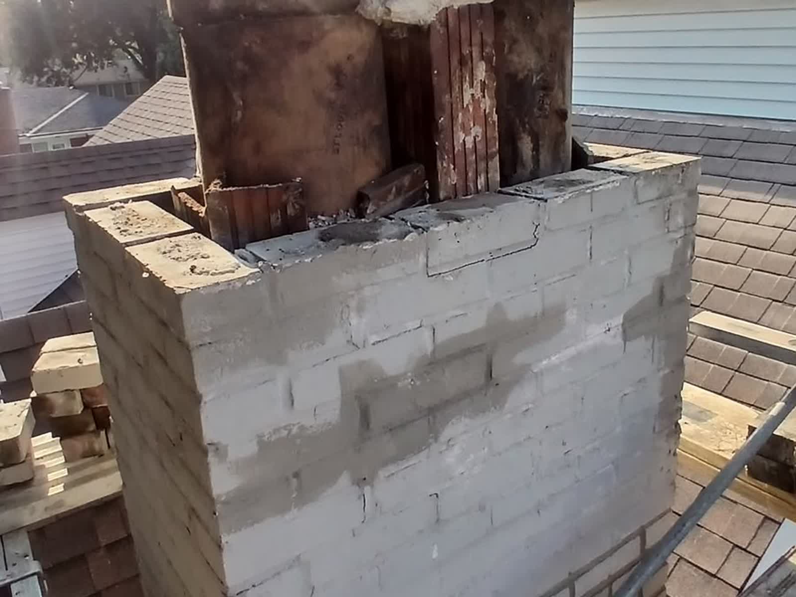 Top courses of the chimney removed down to sound masonry with the cracked flue tiles exposed